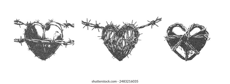Set of hearts in barbed wire. Retro style Y2K, photocopy effect, pop art design. Vector illustration for T-shirt prints, collage design, banner, postcards, posters.