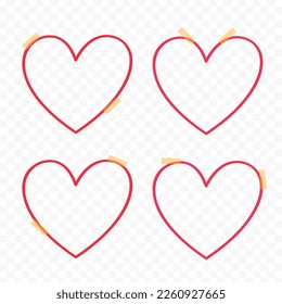Set of hearts with beige sticky tape. Mockup for your design. Empty white frames in the shape of hearts. Blank template isolated on a transparent background. Photo card collage.
