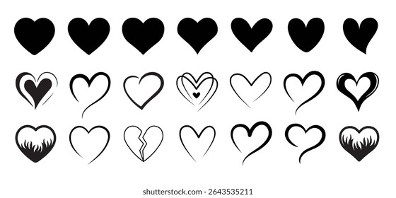 Set of hearts in black color, heart icons set vector, set of hearts different shapes for design. Heart collection. Vector art. Heart, love, romance hearts. Vector icons. Hand drawn hearts tattoo set
