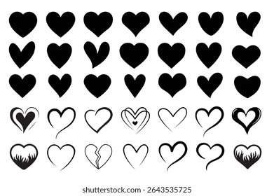 Set of hearts in black color, heart icons set vector, set of hearts different shapes for design. Heart collection. Vector art. Heart, love, romance hearts. Vector icons. Hand drawn hearts tattoo set
