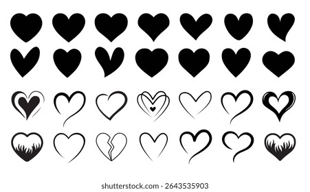 Set of hearts in black color, heart icons set vector, set of hearts different shapes for design. Heart collection. Vector art. Heart, love, romance hearts. Vector icons. Hand drawn hearts tattoo set
