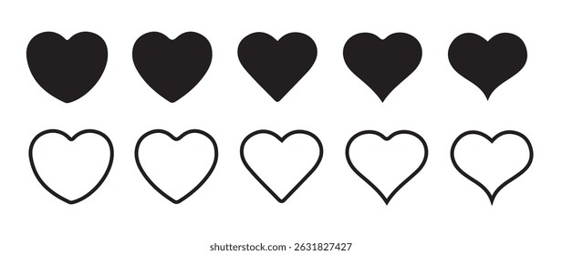 
Set of hearts in black color, Line heart shape. Simple heart icon. Black hearts collection isolated on transparent background.