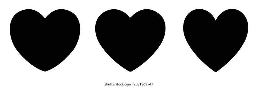 Set of hearts in black color with white background, black heart icons set. Set of 3 hearts of different shapes for web. Heart collection. Vector symbols.