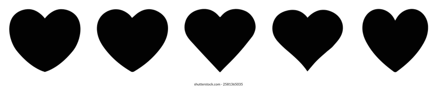 Set of hearts in black color with white background, Black heart icons set. Set of 5 hearts of different shapes for web. Heart collection. Vector symbols