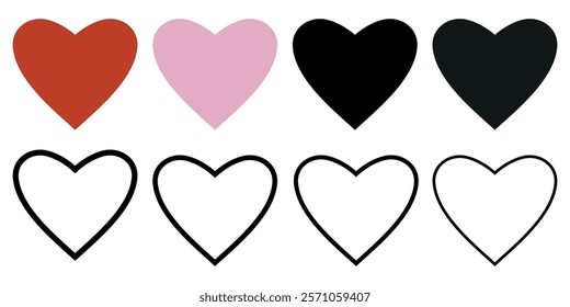 set of hearts black outline and coloring design vector