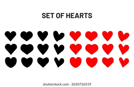 Set of hearts in black red, heart icons set vector, set of hearts different shapes for design. Heart collection. Vector art. Heart, love, romance hearts. Vector icons. Heart love symbol black and red