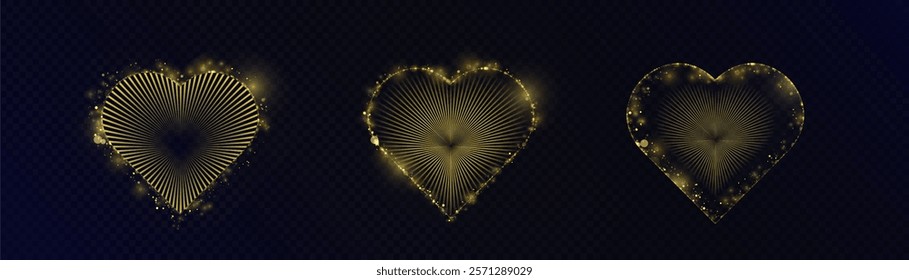 Set of hearts with bright neon rays illumination on black background for Valentine's Day illustrations and romantic design. Vector