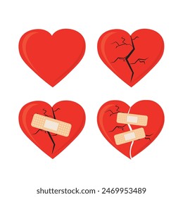 Set of hearts. Broken heart with cracks and medical bandage. Love, betrayal and forgiveness concept. Design isolated on white background. Vector illustration