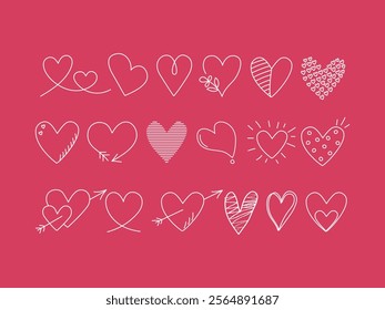 Set of hearts, chalk drawing, doodle. Hand drawn line vector icons, Valentine's Day design. Background colored isolated.