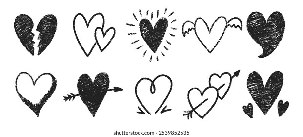 Set of hearts with chalk, pastel or crayon texture. Hand drawn vector illustration.