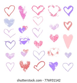 Set of hearts chalk, sponge vector textures. Collection of various love symbols stamps. Shape of heart on white valentine background. Hand drawn textures. Crayon pastel pencil strok design elements. 