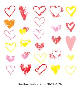 Set of hearts chalk, sponge vector textures. Collection of various love symbols stamps. Shape of heart on white valentine background. Hand drawn textures. Crayon pastel pencil strok design elements. 