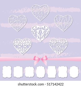 A set of hearts and a collection of frames of different shapes by cutting out paper. The decor for the holiday, Valentine's Day, weddings, celebrations. Vector illustration.