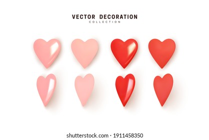 Set of hearts. Collection Realistic Hearts Love symbol icon. Red and pink soft color, glossy and matte. Decorative 3d render object. Celebration decor. Element for romantic design. Vector illustration