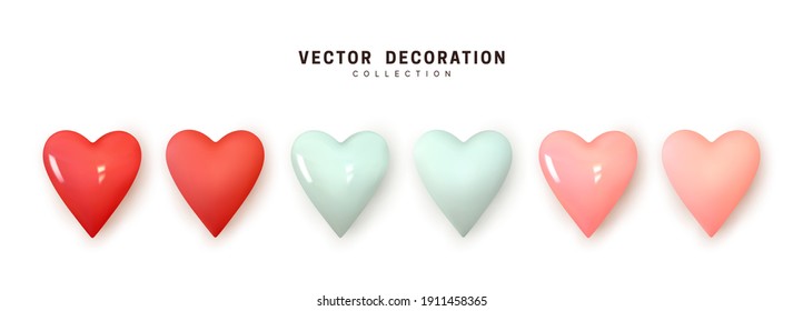 Set of hearts. Collection Realistic Hearts Love symbol icon. Red and pink soft color, glossy and matte. Decorative 3d render object. Celebration decor. Element for romantic design. Vector illustration