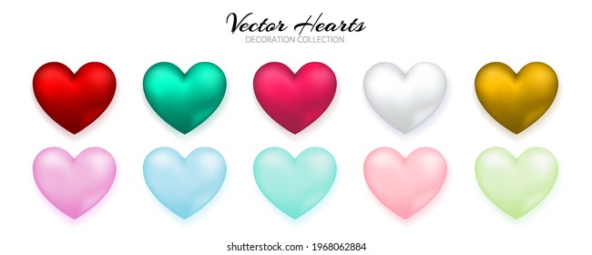 Set of hearts. Collection Realistic Hearts Love symbol icon. Decorative 3d render object. Red and pink soft color and matte. Celebration decor. Element for romantic design. Vector illustration