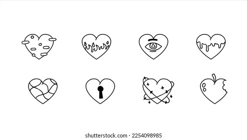 Set of hearts. Collection of retro vintage sticker. Hippie surreal icon of love