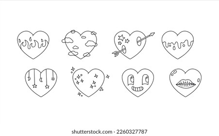 Set of hearts. Collection of retro vintage sticker. Hippie surreal icon of love. Cartoon flat vector illustrations isolated on white background. Bizarre psychedelic set