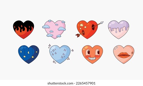 Set of hearts. Collection of retro vintage sticker. Hippie surreal icon of love. Cartoon flat vector illustrations isolated on white background. Bizarre psychedelic set