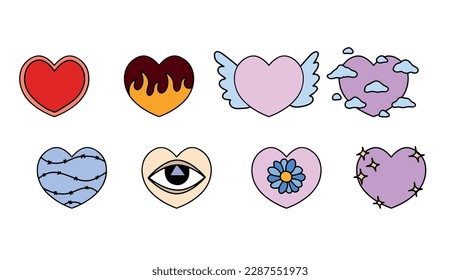 Set of hearts. Collection of retro vintage sticker. Hippie surreal icon of love. Cartoon flat vector illustrations isolated on white background. Bizarre psychedelic set