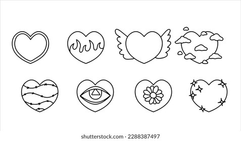 Set of hearts. Collection of retro vintage sticker. Bizarre psychedelic set. Hippie surreal icon of love. Cartoon flat vector illustrations isolated on white background