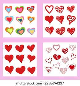 Un conjunto de corazones, coloreados, rojos, de diferentes tamaños. Corazones por el diseño de postales, carteles, afiches. 