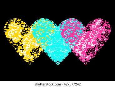 Set of hearts with colorful music notes and hearts on a black background