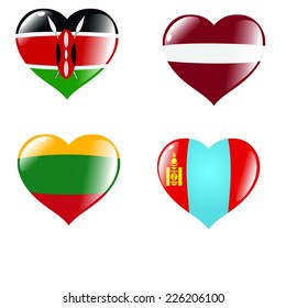 set of hearts in colours of national flags