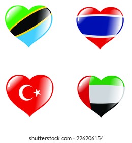 set of hearts in colours of national flags