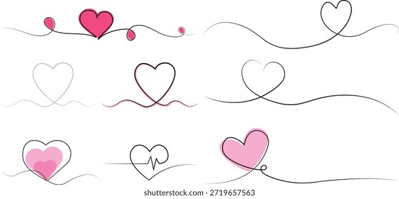 Conjunto de corazones Dibujo continuo de una línea. Ilustración minimalista de moda de la pareja de corazones. Arte de contorno minimalista de amor. Ilustración vectorial