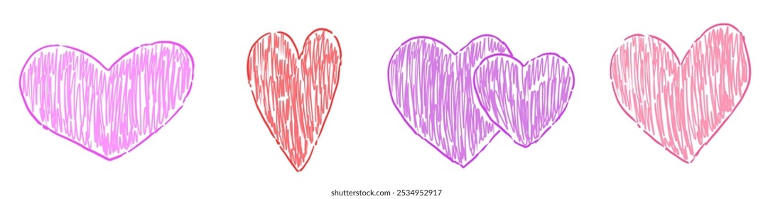 Set of hearts with crayon drawing texture. Vector childlike illustration