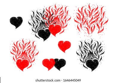 Set with hearts. Cute handmade illustration can be used for crafts, arts, wallpapers, web pages, fabrics, prints. Fire hearts. Flame heart. Burning hearts.
