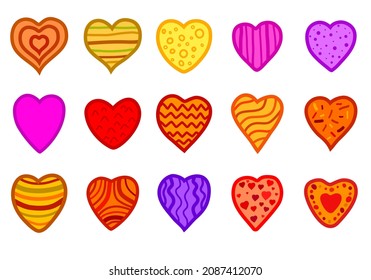 Set of hearts to decorate cards, holiday invitations, Valentine's Day, wedding, love. Each heart is different in shape, color and texture. Vector illustration. Isolated graphics.