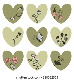 Set of hearts decorated with flowers