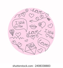 Set of hearts, decorative elements, icons and inscriptions. Valentine's Day. Lettering is manual. Phrase I love you. Vector illustration. Isolated background.