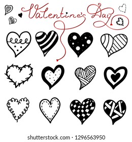 Set of hearts for design. Handmade illustration in doodle sketch style. Black and white. St. Valentine's Day. Love.