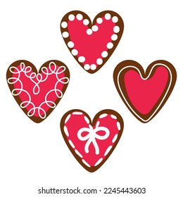 Un conjunto de corazones de diferentes colores en forma de galletas con hielo. Galletas de jengibre en forma de corazones con un tipo diferente de acristalamiento. Fondo de impresión de paquetes vacacionales, almacén de caramelos