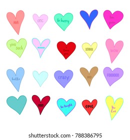 Set of hearts of different colors with inscriptions.