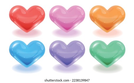 A set of hearts in different colors, transparent like glass
