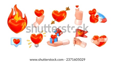 Set of hearts in different concepts. Symbol of love, care and passion. Realistic hearts on fire, in hands. In 3D style. Vector illustration
