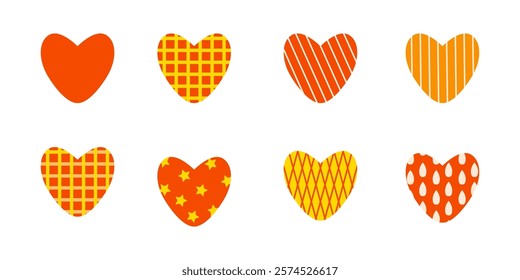 A set of hearts with different designs, isolated on a white background. Vector graphics. The concept of relationships