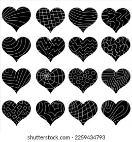 A set of hearts with different patterns. Doodles. Vector illustration