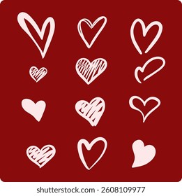 Set of hearts in different pose on red background