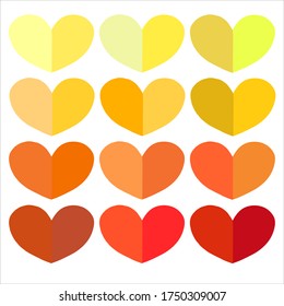 Set of hearts in different shades of red and orange. Vector illustration. Isolated on white background
