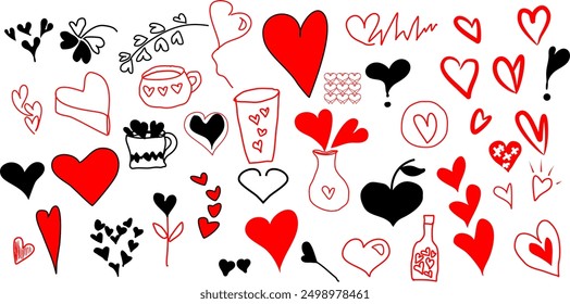 Set of hearts in different shapes, collection of red and black hearts icons