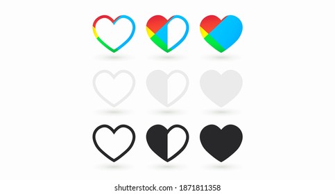 A set of hearts of different shapes and colors isolated on a white background. Collection of heart vectors. A set of love icons drawn in a flat style. Vector illustration