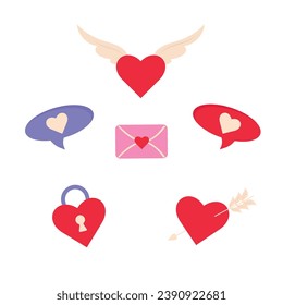 Set of hearts of different shapes and different colors, a heart with wings, a love letter. Vector illustration. Romance and love concept.