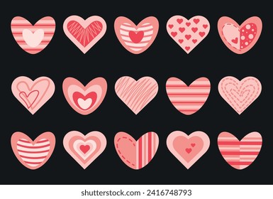 Set of hearts, different shapes, icons, signs on a black background. Vector illustration for Valentine's Day, wedding, friendship