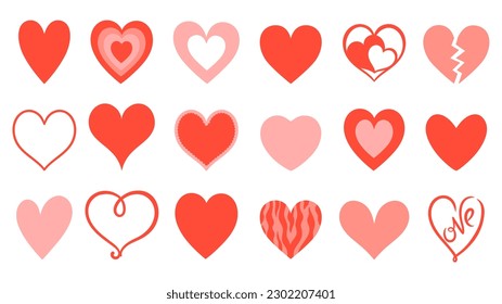 Set of hearts of different shapes isolated on white background. Vector graphics.