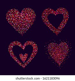 Set of hearts of different shapes from red sparkles